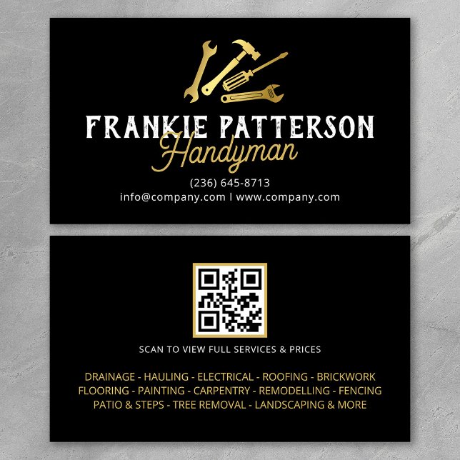 Cartão De Visita Black Gold Handyman Repair & Maintenance QR Code (Criador carregado)