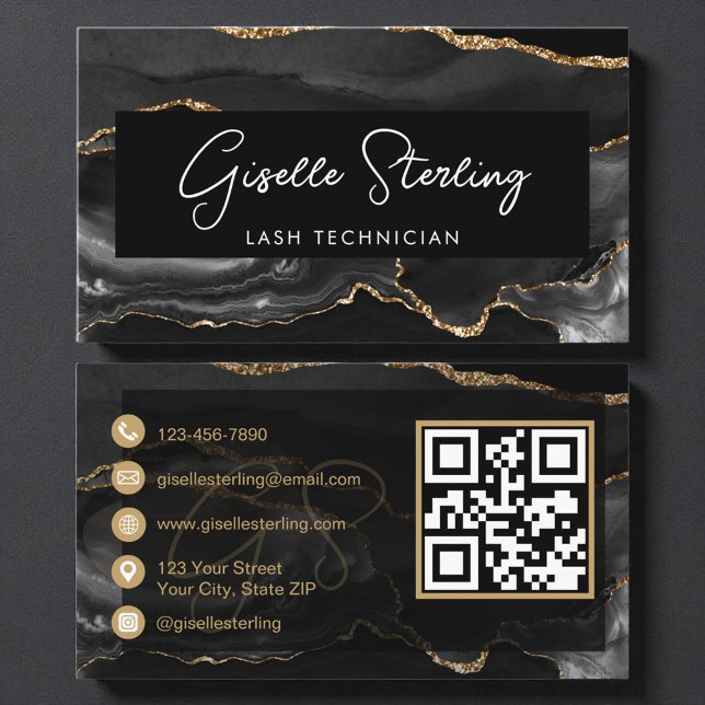 Cartão De Visita Black Gold Lash Technician QR Code  (Criador carregado)