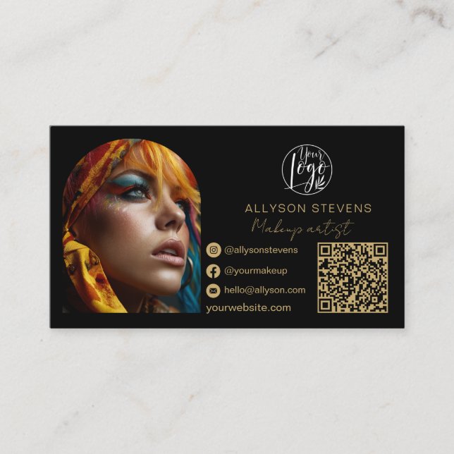 Cartão De Visita black gold makeup 3 photo Social Media Logo qr (Frente)