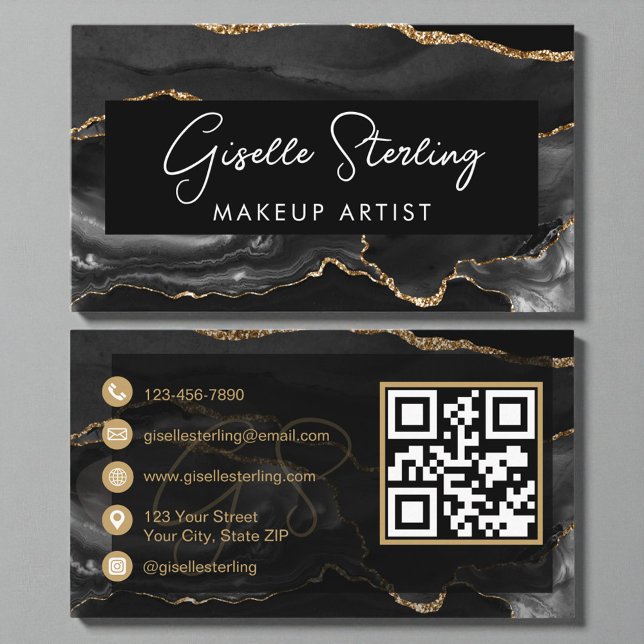 Cartão De Visita Black Gold Makeup Artist QR Code  (Criador carregado)