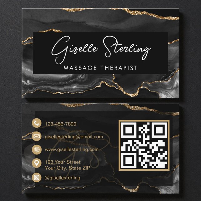 Cartão De Visita Black Gold Massage Therapist QR Code  (Criador carregado)