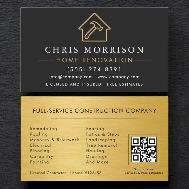 Cartão De Visita Black Gold Metal Home Renovation QR Code (Criador carregado)