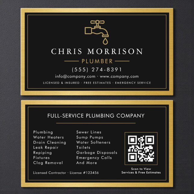 Cartão De Visita Black Gold Metallic Plumber Contractor QR Code  (Criador carregado)