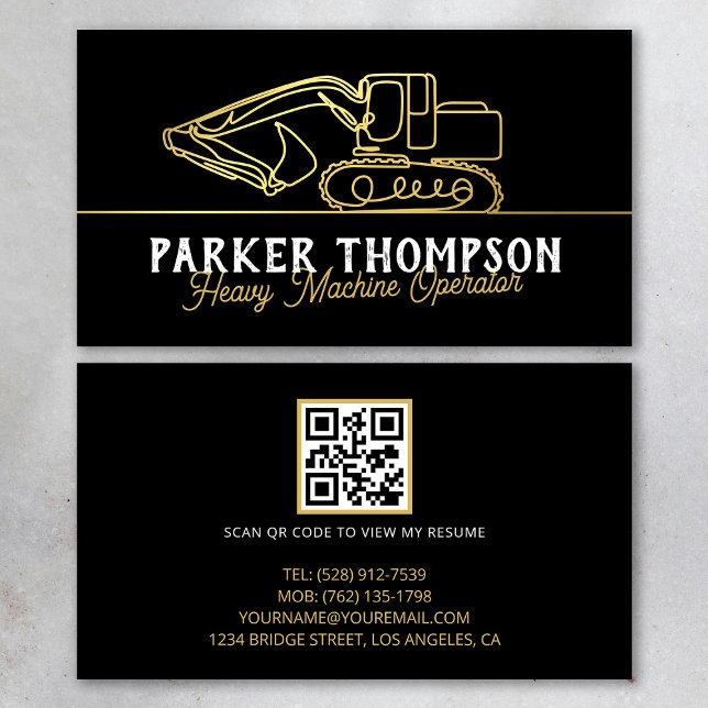 Cartão De Visita Black Gold Modern Heavy Machine Operator QR Code (Criador carregado)