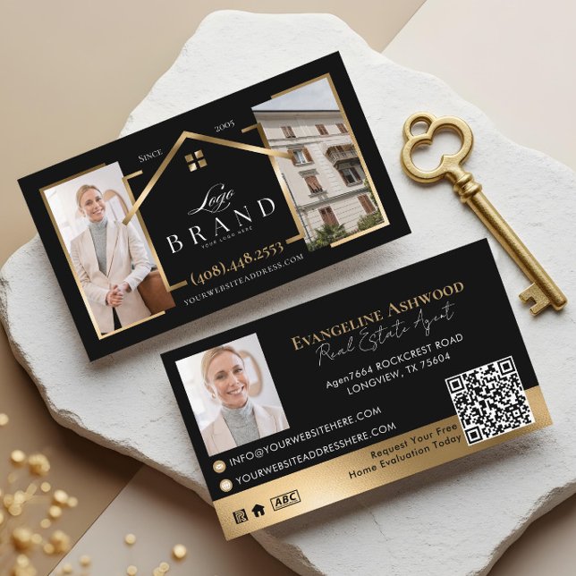Cartão De Visita Black Gold Real Estate Agent Photo Logo QR Code (Black Gold Real Estate Agent Photo Logo QR Code Business Card)