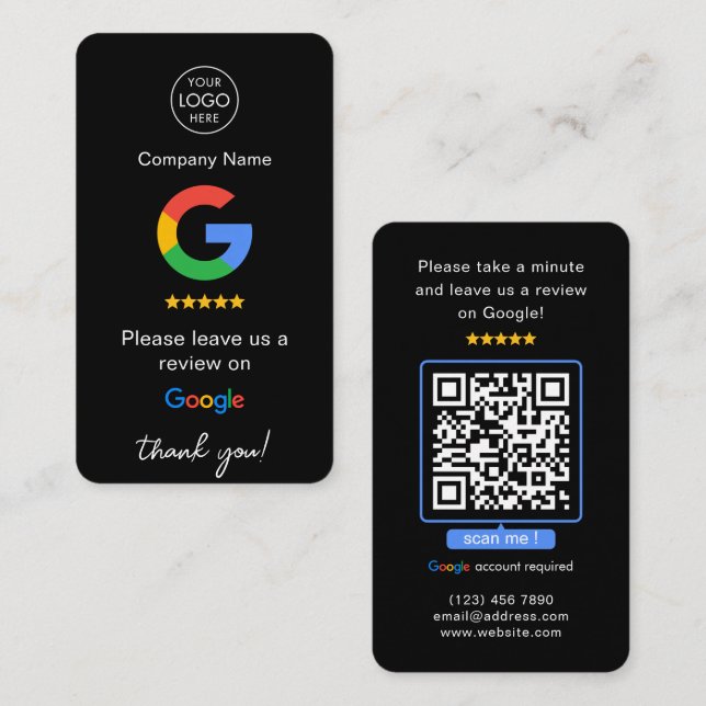 Cartão De Visita Black Google Reviews QR Code Business Review Us (Frente/Verso)