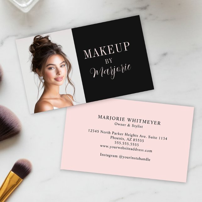 Cartão De Visita Black Pink Modern Typography Script Photo Makeup (modern black blush pink script photo makeup business card with modern typography)