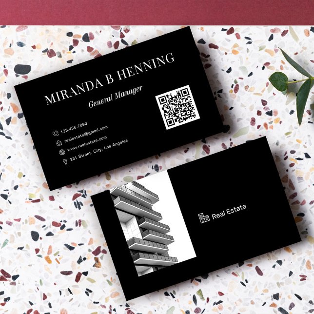 Cartão De Visita Black Professional Real Estate Agent Photo QR Code (Criador carregado)