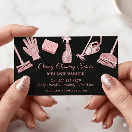 Cartão De Visita Black & Rose pink Glitter Classy Cleaning Services