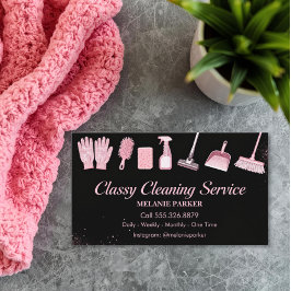 Cartão De Visita Black & Rose pink Glitter Classy Cleaning Services