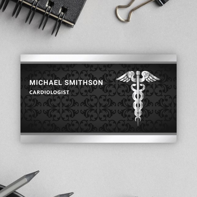 Cartão De Visita Black Silver Caduceus - Símbolo Médico Profissiona (Criador carregado)