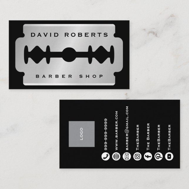 Cartão De Visita Black Silver Razor Blade Barber Business Card (Frente/Verso)