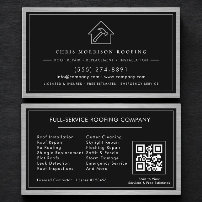 Cartão De Visita Black Silver Roofing Construction Services QR Code (Criador carregado)