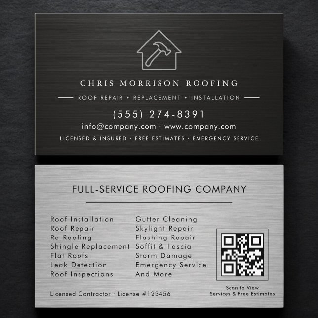 Cartão De Visita Black Silver Roofing Roofer Contractor QR Code (Criador carregado)