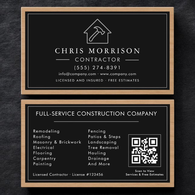 Cartão De Visita Black Silver Wood Construction Contractor QR Code (Criador carregado)