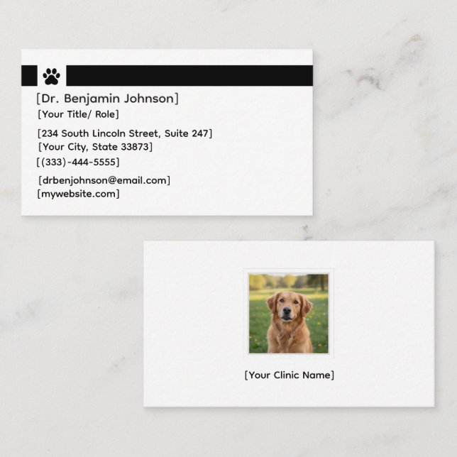 Cartão De Visita Black Veterinarian Business Card | Clinic Photo (Frente/Verso)