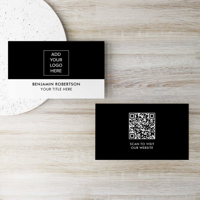 Cartão De Visita Black White Custom Logo QR Code Modern Simple (Criador carregado)