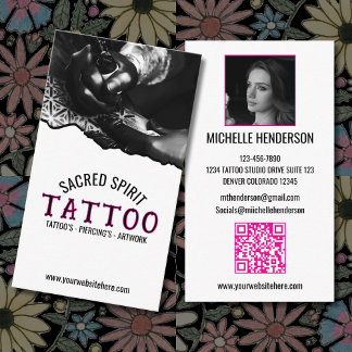 Cartão De Visita Black & White Modern 2 Photo QR Code Tattooist