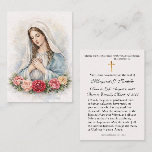 Cartão De Visita Blessed Mary Catholic Funeral Memorial Holy Card - (Frente/Verso)