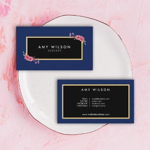 Cartão De Visita Blogueiro Elegante Chic Social Media Blue Floral
