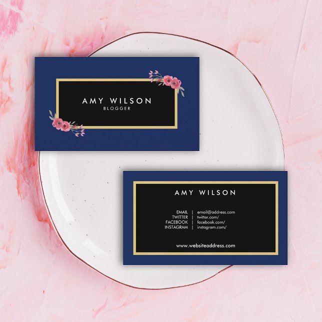 Cartão De Visita Blogueiro Elegante Chic Social Media Blue Floral (Criador carregado)