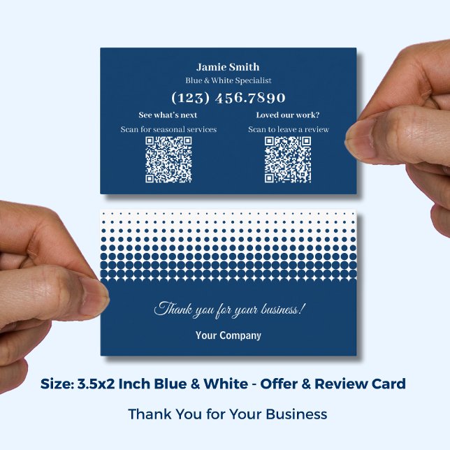 Cartão De Visita Blue and White - Thank You with Review Prompt (Blue and White - Thank You with Review Prompt Business Card; Size 3.5x2 Inch (US) )