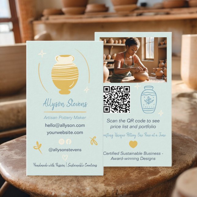 Cartão De Visita Blue Artisan Pottery Maker Crafts foto qr code (Blue Artisan Pottery Maker Crafts photo qr code Business Card)
