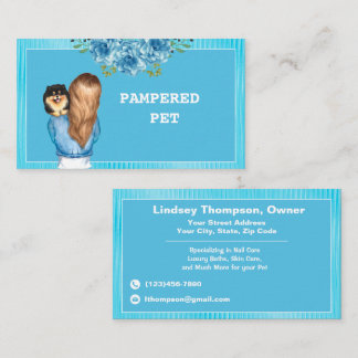 Cartão De Visita Blue Floral Pet Groomer Segurando Puppy
