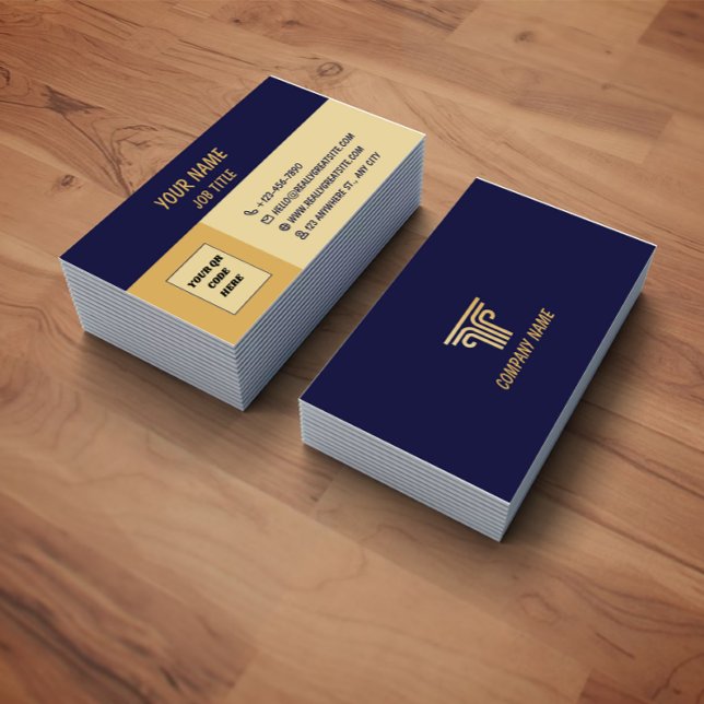 Cartão De Visita Blue Gold Corporate QR Code Business Card (Criador carregado)