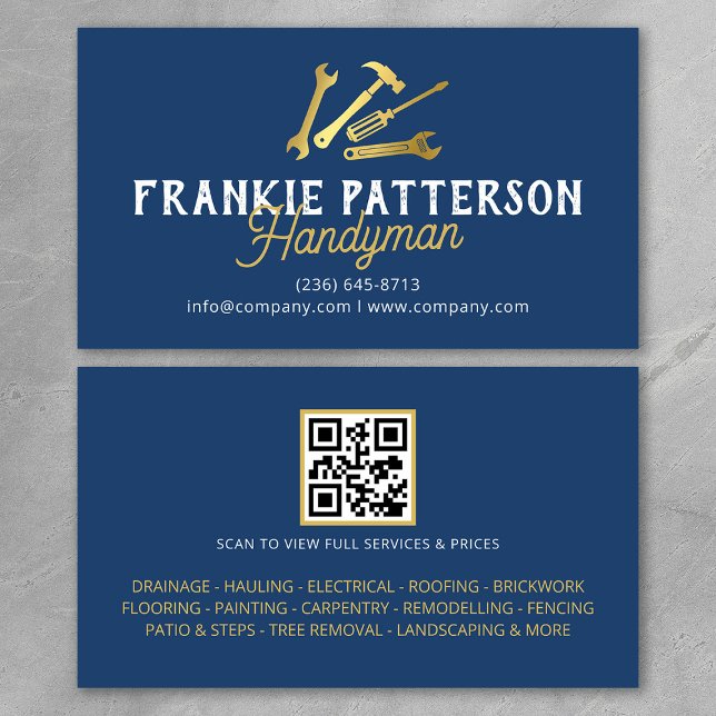 Cartão De Visita Blue Gold Handyman Repair & Maintenance QR Code (Criador carregado)