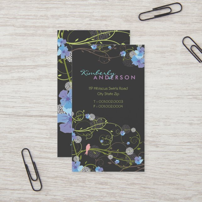 Cartão De Visita Blue Hibiscus Swallow Birds Elegante Floral Garden (Frente/Verso In Situ)