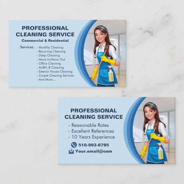 Cartão De Visita Blue Maid House Cleaning Services Janitorial Clean (Frente/Verso)
