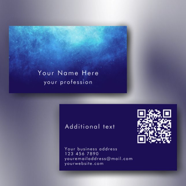 Cartão De Visita Blue Nebula Custom Text Cool Modern QR Code (Personalize these unique blue nebula modern custom business card templates.)