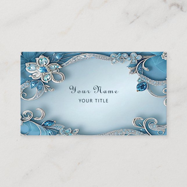 Cartão De Visita Blue Ornate Floral Business Card (Frente)