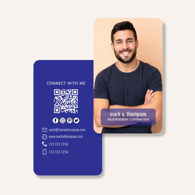 Cartão De Visita Blue QR Code Photo Connect Modern Minimal (Navy blue QR code business card with photo and clean modern layout)