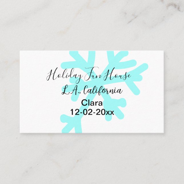 Cartão De Visita Blue snowflakes holiday camping house place date (Frente)