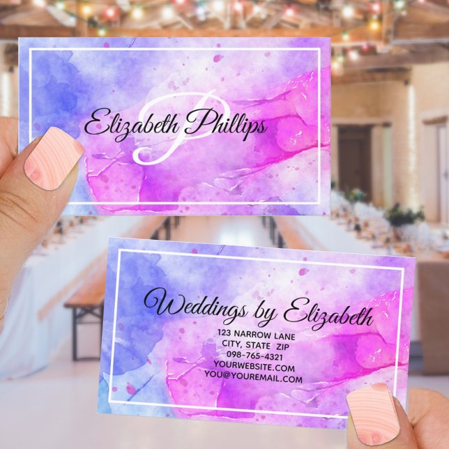 Cartão De Visita Blue Violet Watercolor Monograma - Letra Profissão (Criador carregado)