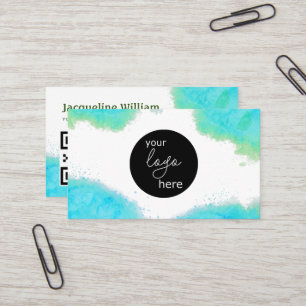 Cartão De Visita Blush Aqua Watercolor Logotipo Personalizado QR