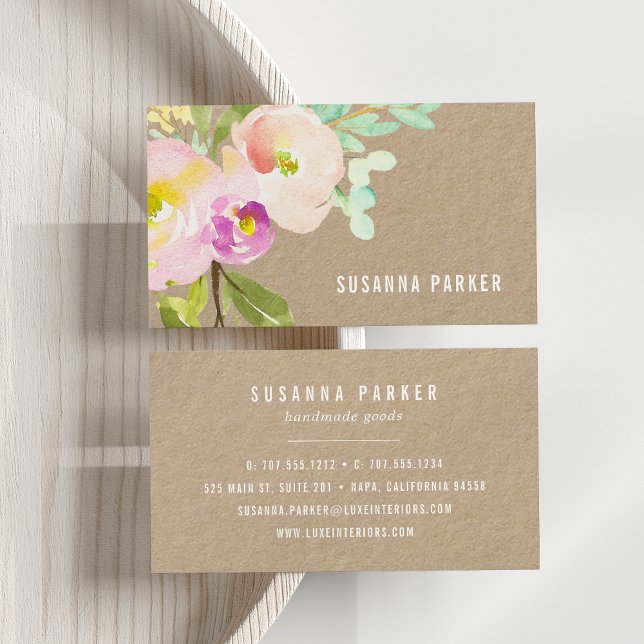 Cartão De Visita Blush Bloom | Watercolor Floral Kraft (Criador carregado)