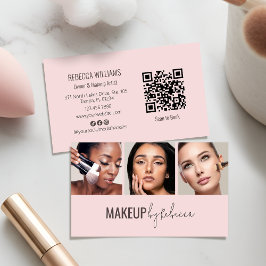 Cartão De Visita Blush Pink 3 Photo QR Code Modern Makeup