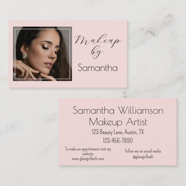 Cartão De Visita Blush Pink Black Script Photo Makeup (Frente/Verso)