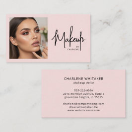 Cartão De Visita Blush Pink Black Script Photo Makeup