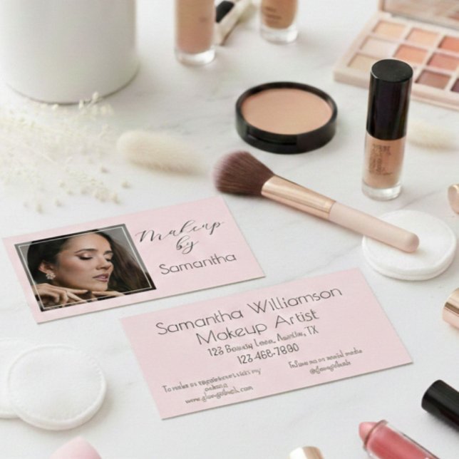 Cartão De Visita Blush Pink Black Script Photo Makeup (Criador carregado)