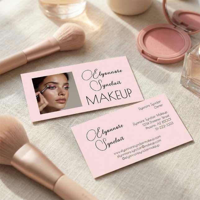 Cartão De Visita Blush Pink Black Script Photo Makeup  (Criador carregado)