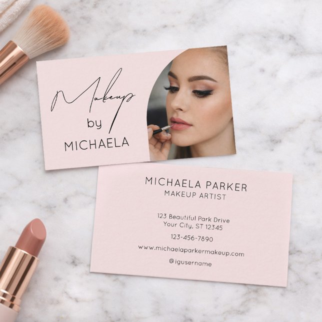Cartão De Visita Blush Pink Black Script Photo Makeup  (Criador carregado)