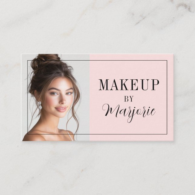 Cartão De Visita Blush Pink Black Script Photo Makeup (Frente)