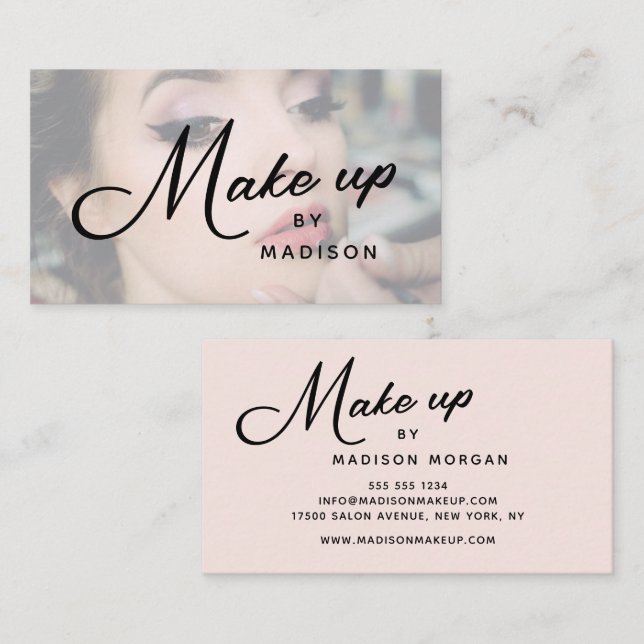 Cartão De Visita Blush Pink Black Script Photo Makeup Business Card (Frente/Verso)