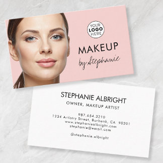 Cartão De Visita Blush Pink Black Script Photo Makeup Business Card