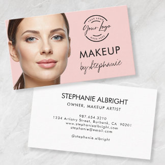 Cartão De Visita Blush Pink Black Script Photo Makeup Business Card
