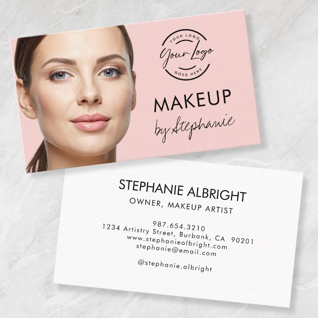 Cartão De Visita Blush Pink Black Script Photo Makeup Business Card (Criador carregado)